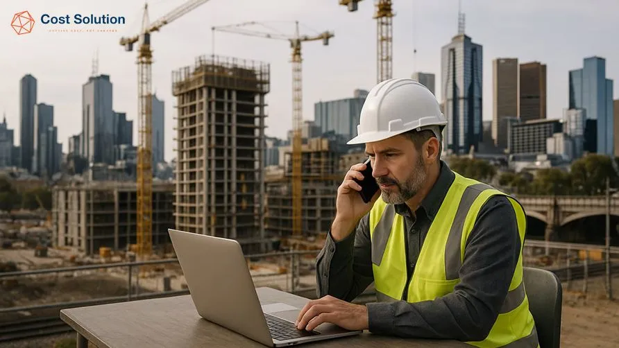 A construction manager oversees site progress from his laptop and phone, embodying Managing Remote Teams Effectively principles.