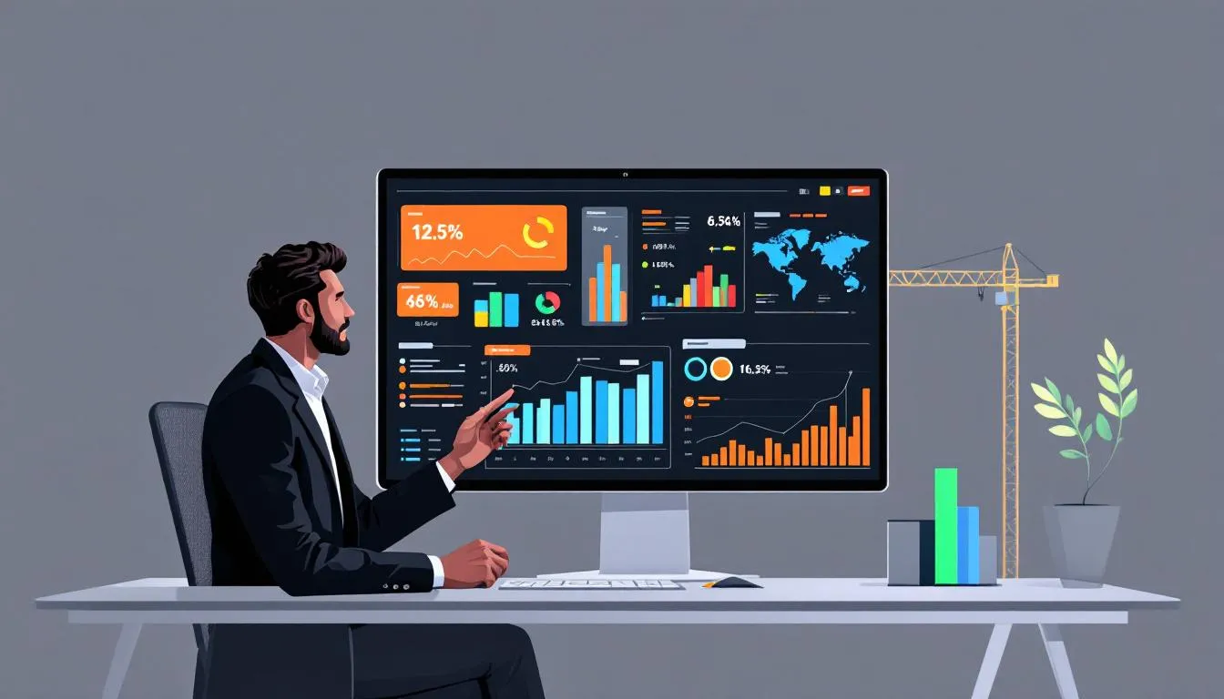 A project manager analyzing data on a computer, representing enhanced efficiency and productivity in construction projects.