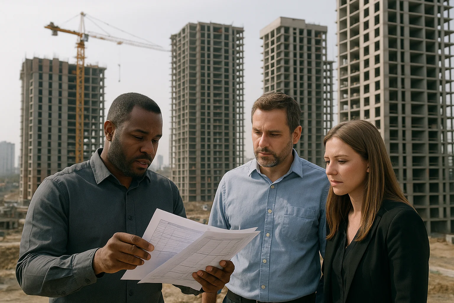 This image represents estimating services for volume builds, highlighting teamwork, cost analysis, and strategic planning on large-scale developments.