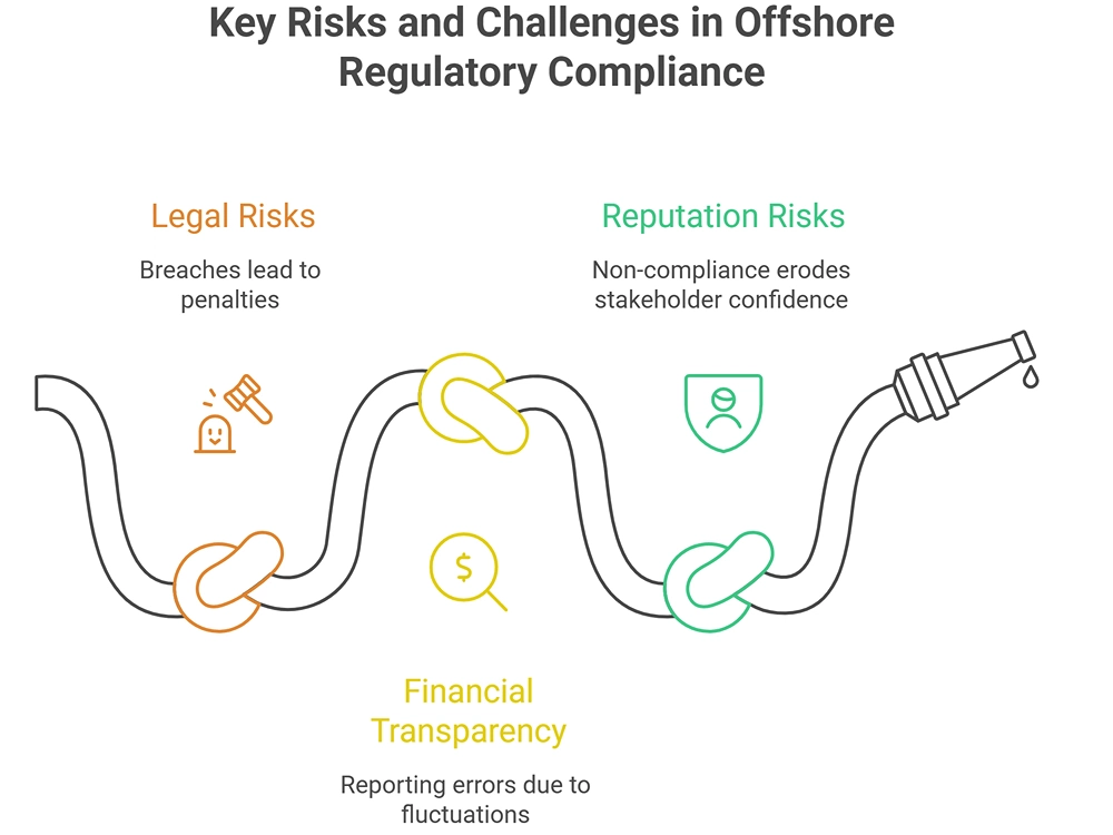 An infographic highlighting the key risks in **Offshore Regulatory Compliance**, including legal risks, reputation risks, and financial transparency challenges.