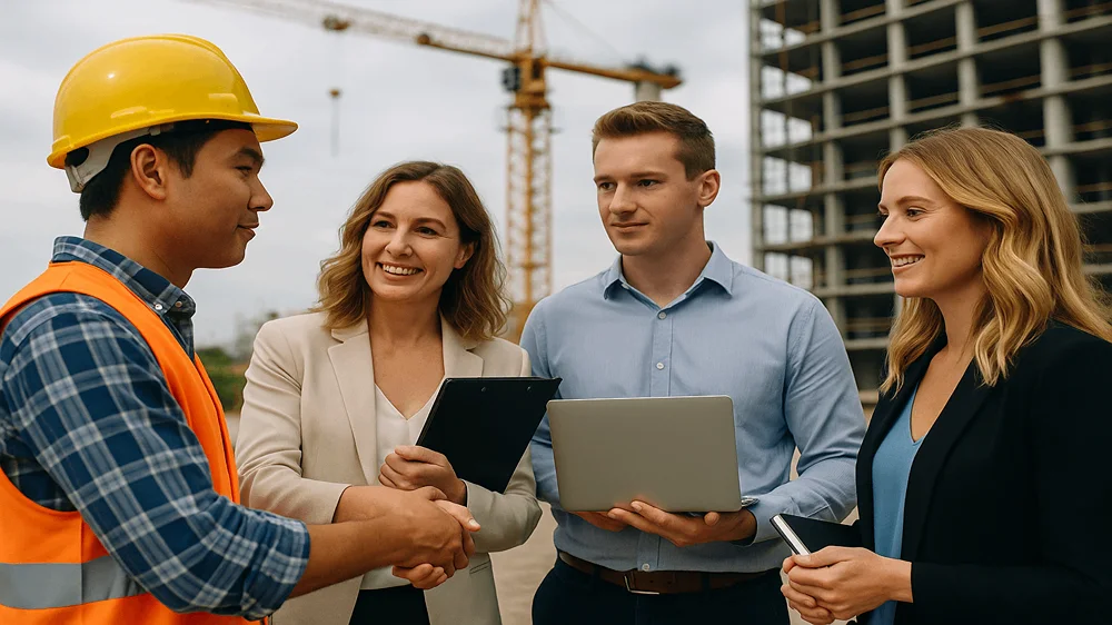 A realistic construction site scene illustrating Nurturing Cultural Sensitivity in Offshoring through collaboration and teamwork among diverse professionals.