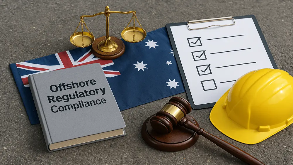 A professional image representing **Offshore Regulatory Compliance** in Australia, combining elements of law, construction, and regulation.