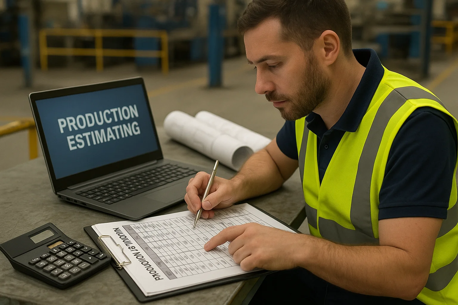 An Australian estimator reviews data and calculations for precise Production Estimating, ensuring manufacturing efficiency and accurate project cost control.