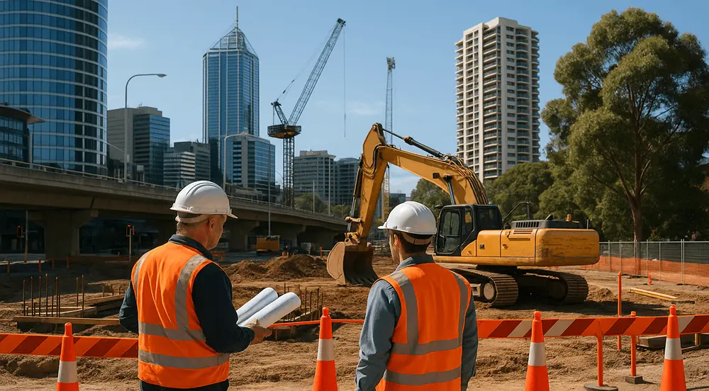 Two engineers review project plans on-site, demonstrating how The Value of Offshore Construction Estimating Services supports efficient Australian infrastructure development.