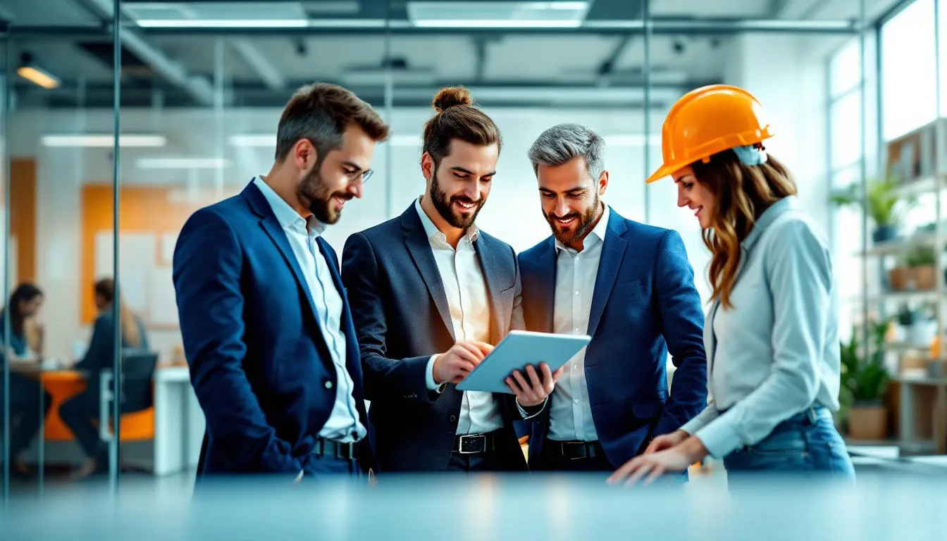 A group of skilled construction professionals discussing project plans, showcasing access to skilled professionals.