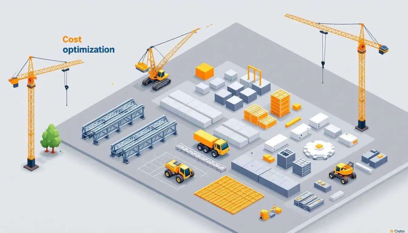 A construction site with various materials and equipment, showcasing cost optimization strategies.