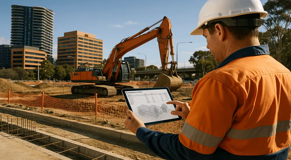 A construction manager uses Building Material Estimate Software on a tablet at an Australian site, reviewing cost data beside active machinery and modern urban buildings under natural daylight.