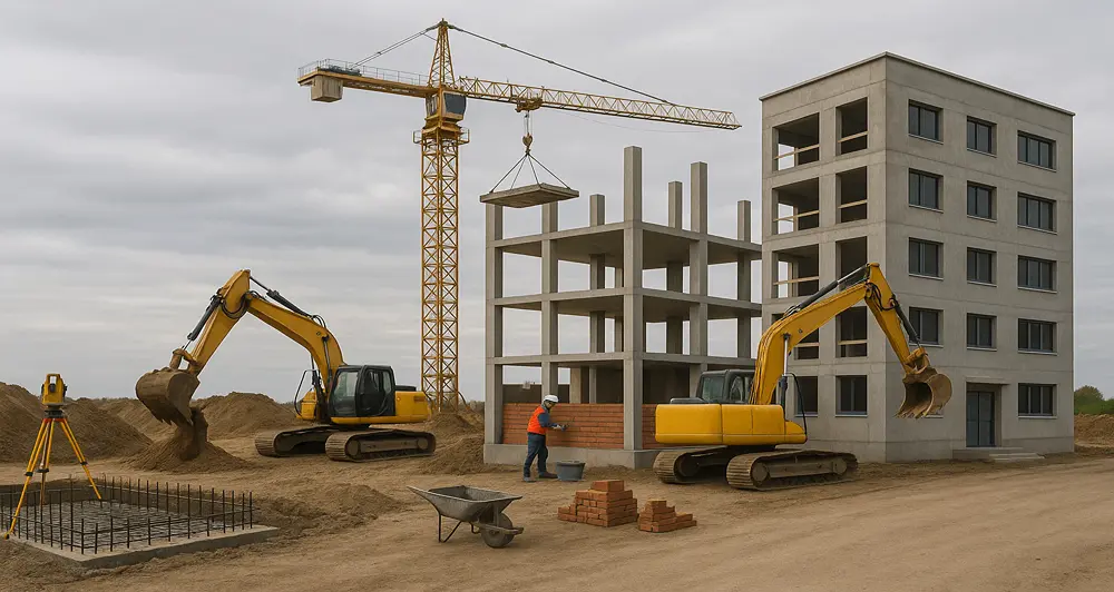 The building construction process from start to finish unfolds through excavation, framing, bricklaying, and structural completion seamlessly.