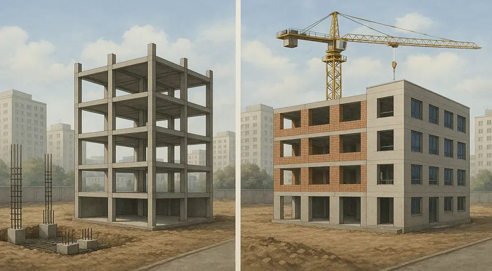 Building construction sequence unfolds from foundation to completion, showcasing structural phases, cranes, materials, and coordinated site progress.