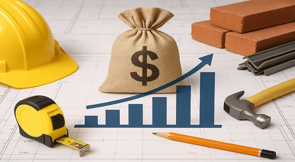 A realistic chart depicting construction allowance, showing rising project costs, budgeting tools, and financial planning materials together.