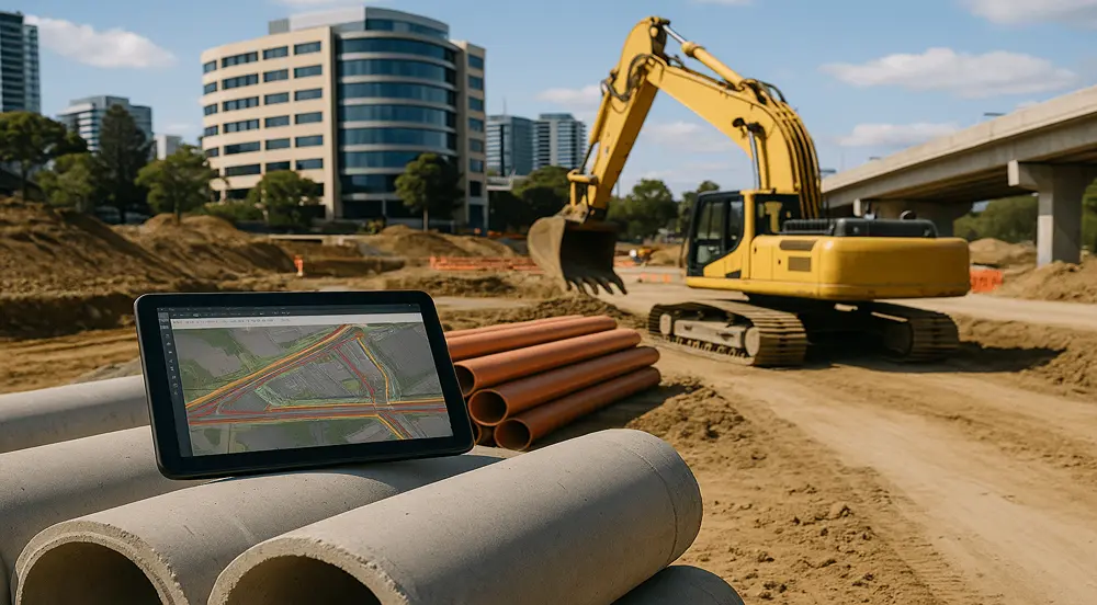 A realistic image illustrating various types of estimation in civil engineering, including cost, quantity, and time analysis.