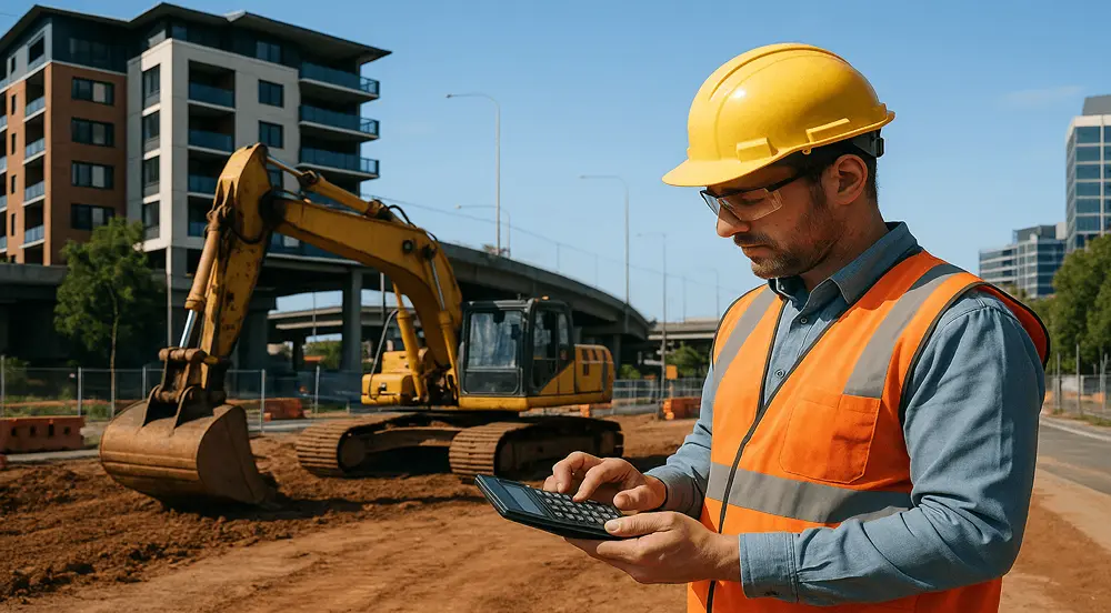A construction professional uses a calculator on-site, analysing project expenses for accurate Building Cost Calculators.