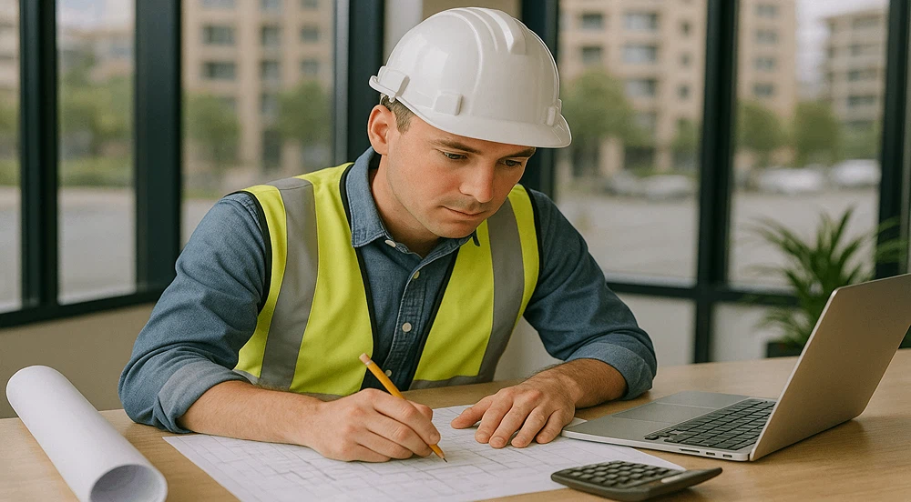 clean-shaven construction estimator in a modern Australian office analysing blueprints and cost data on a desk with a laptop and calculatorو representing the process of Conceptual Estimating.