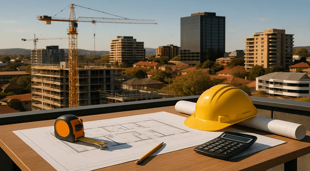 The image illustrates Construction Estimator Roles through blueprints, tools, and urban Australian sites under warm natural light.