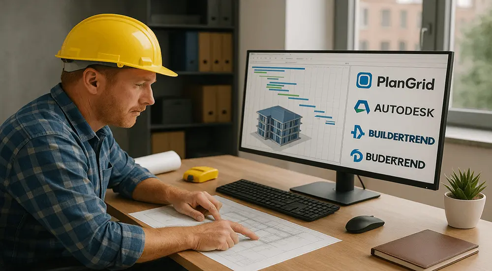 An Australian construction manager analyses digital plans and timelines using advanced Construction Management Software in a modern office.
