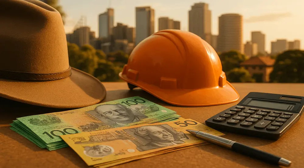 The image symbolises Construction Project Soft Costs through Australian currency, a hard hat, and financial planning tools.