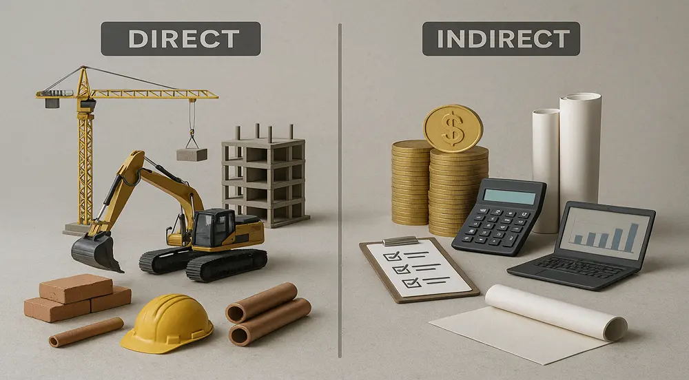 Direct vs Indirect Costs in Construction are contrasted through visual elements showing on-site materials and financial planning tools.