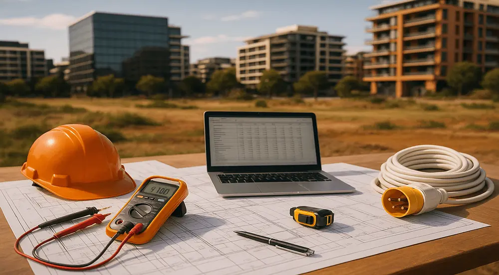 A detailed electrical estimating setup showing plans, tools, and a laptop in a modern Australian construction site.