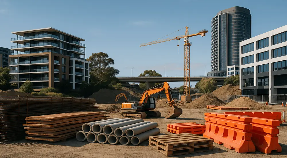 This image perfectly represents how professionals estimate jobs in construction using materials, machinery, and modern Australian infrastructure.