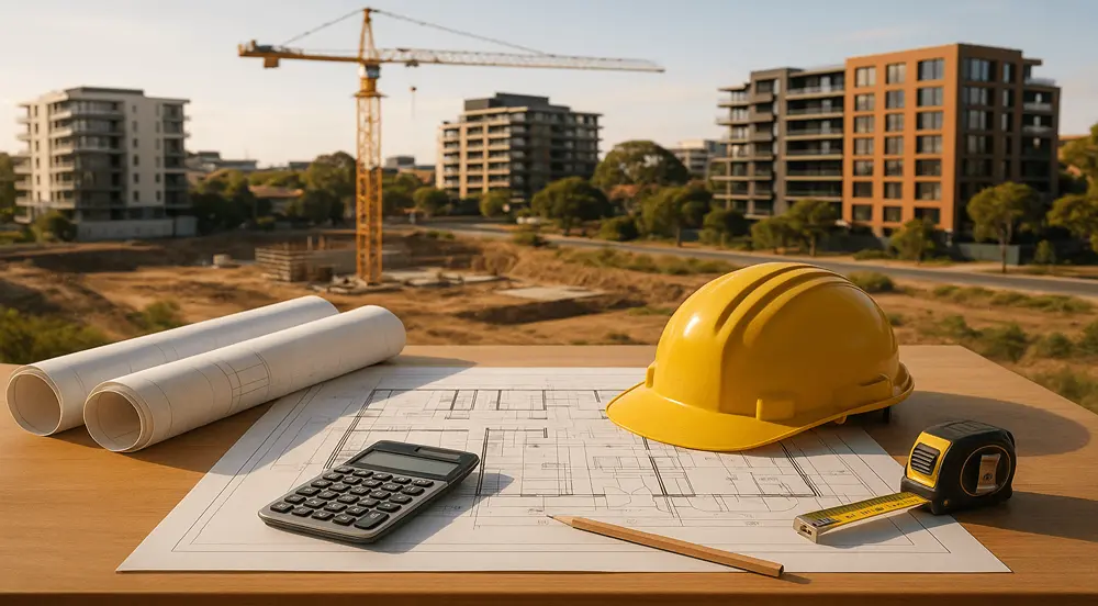 The image shows a project desk with blueprints, a calculator, and a hard hat, symbolizing Estimate for Construction in an authentic Australian setting.