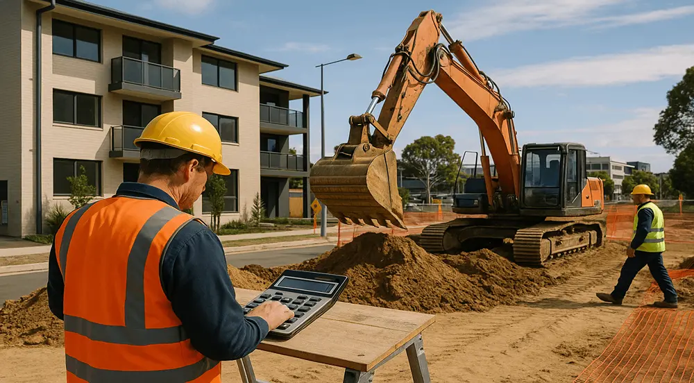 This photo shows engineers using a Home Construction Cost Calculator on-site to estimate building expenses accurately.