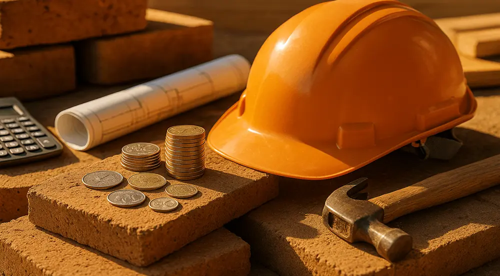 This image visually represents Indirect Costs in Construction Projects through coins, tools, and materials under warm Australian sunlight.
