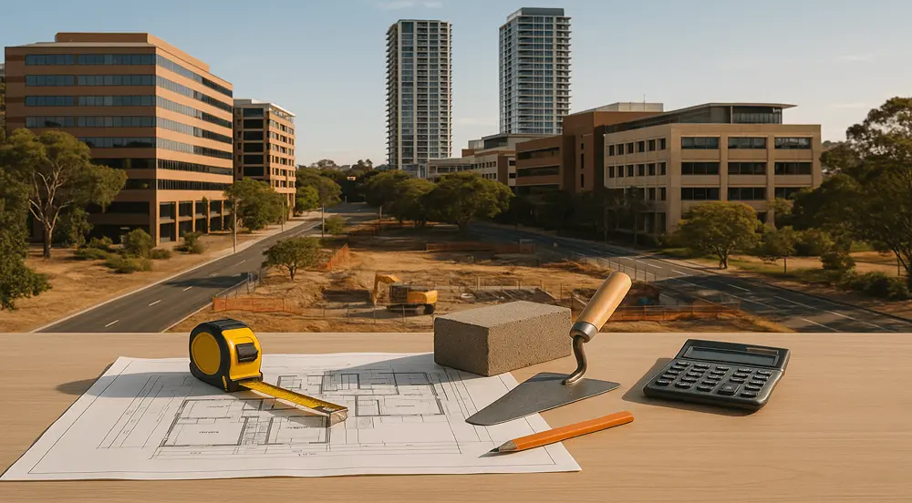 A realistic Australian construction scene showing plans, tools, and materials that illustrate the precision of concrete estimating.