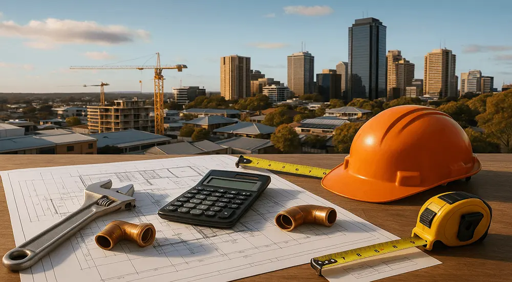 Mechanical Estimating and HVAC Estimating merge here, showcasing precision tools, blueprints, and cost analysis across Australian construction projects.