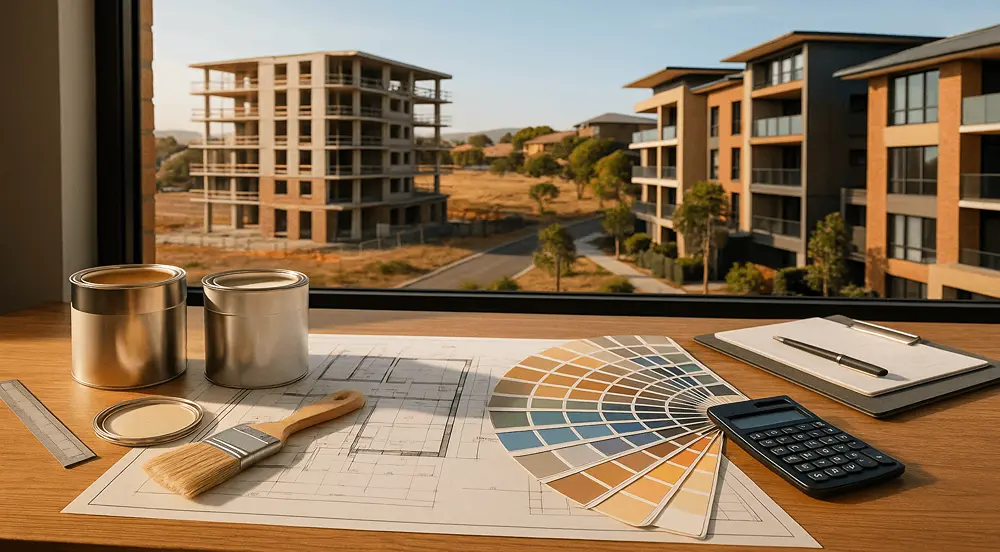Paint Estimating integrates architectural plans, color palettes, and material costing within an Australian construction setting under warm daylight.