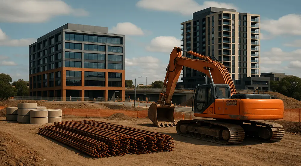 A detailed scene showing the precision behind bid estimate in construction, featuring cost planning tools, site materials, and urban Australian structures symbolizing accuracy, budgeting, and strategic project evaluation in modern building environments.