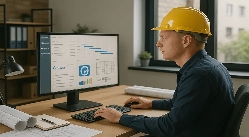 Australian builder efficiently monitors timelines and blueprints using builders project management software in a modern, well-lit office.