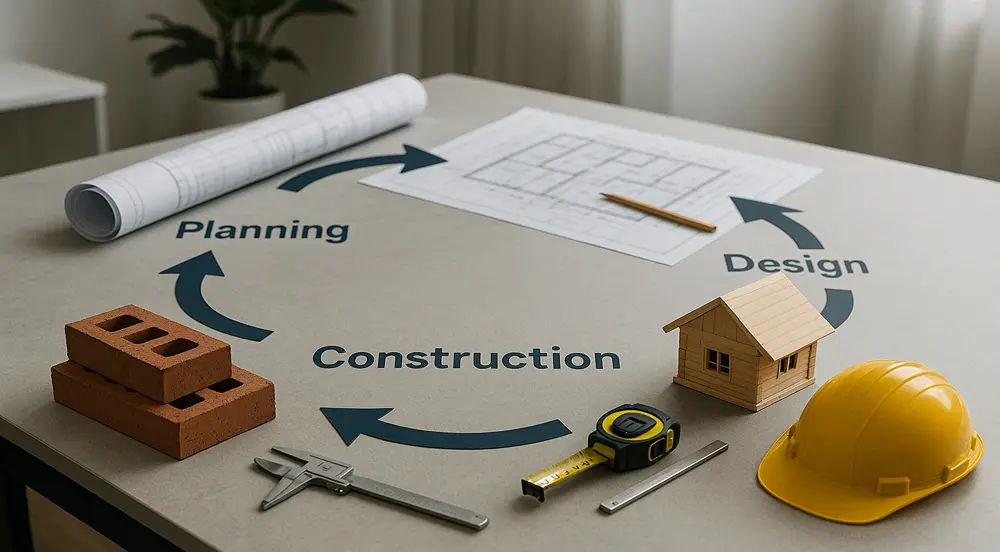 Construction project life cycle visualised through realistic planning boards, design drafts, construction models, and operational documents in an office.