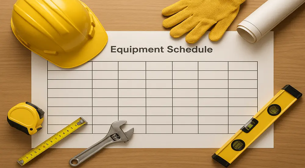 A detailed equipment schedule in construction shows cranes, excavators, and materials aligned with project timelines for efficiency.