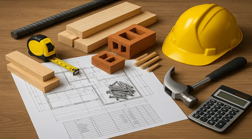 A detailed workspace illustrating material takeoff, featuring timber, bricks, blueprints, and precise measuring and estimating tools.