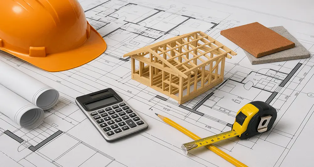 A detailed visual of the pre-construction process featuring blueprints, model framework, safety gear, and essential planning tools.
