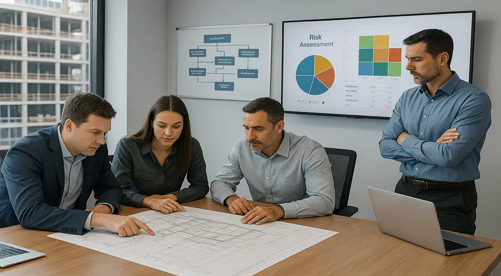 Engineers and managers in a construction company analyse blueprints and data during a detailed risk assessment meeting.