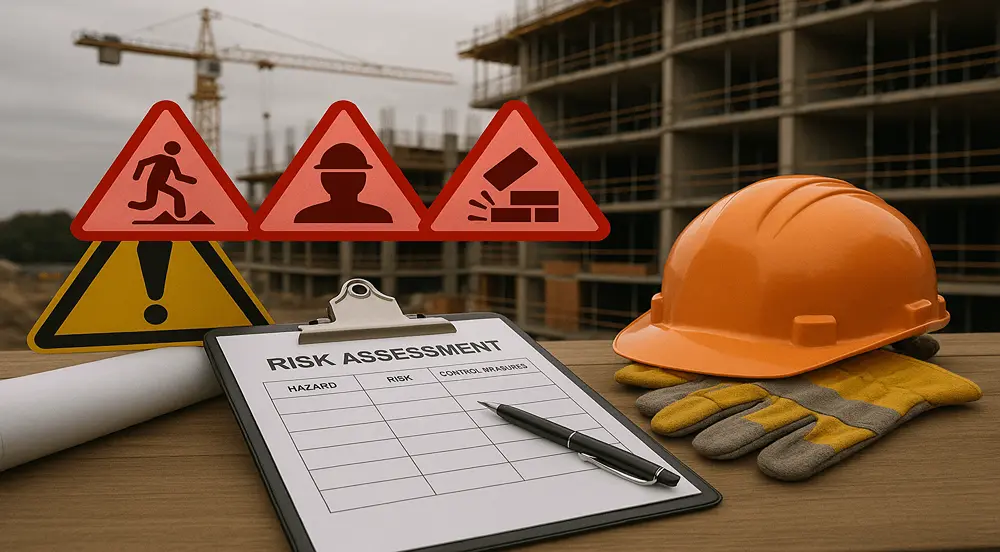 Engineers conduct risk assessment in construction, analysing hazards and safety symbols to ensure compliance and site protection.
