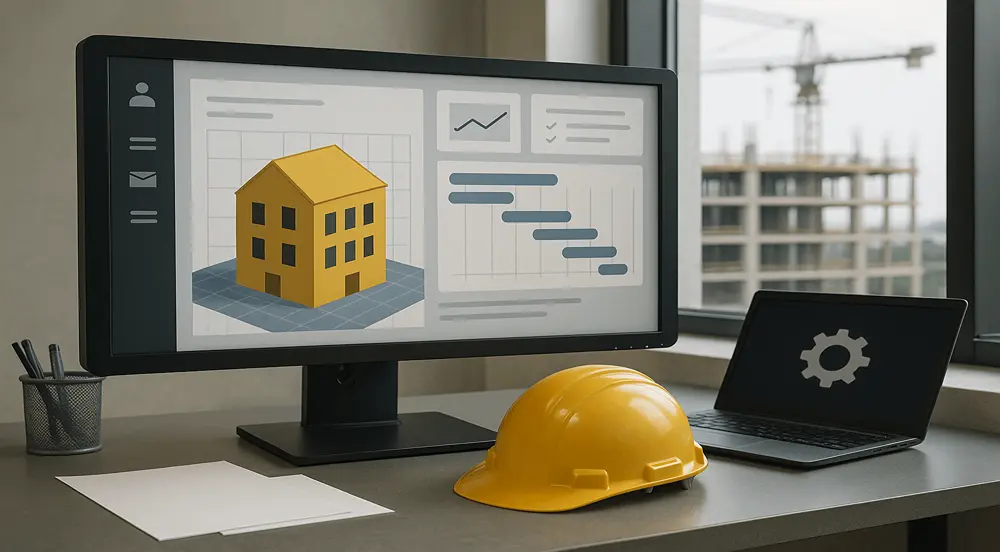 Modern workspace showcasing software for construction companies that integrates project planning, 3D modelling, and real-time site coordination seamlessly.