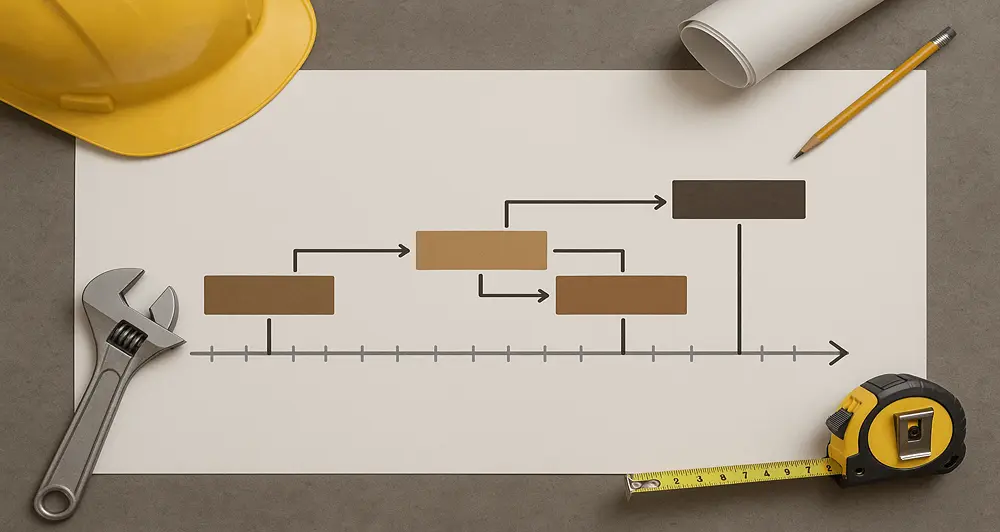 Detailed timeline for construction project illustrates sequential building stages with tools, blueprints, and measured progress coordination.