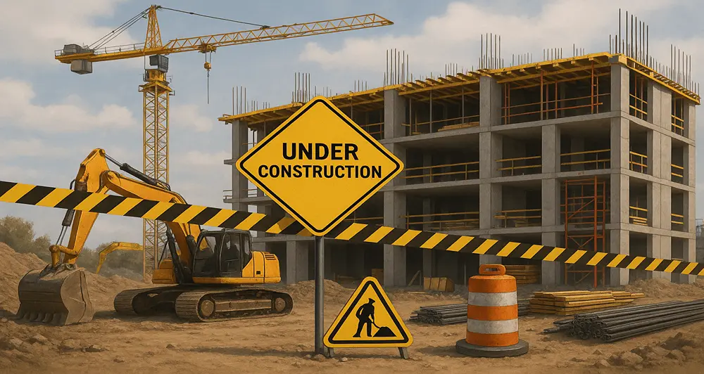 Wip construction illustrates an active building phase where materials, cranes, and framework symbolise progress and project monitoring.