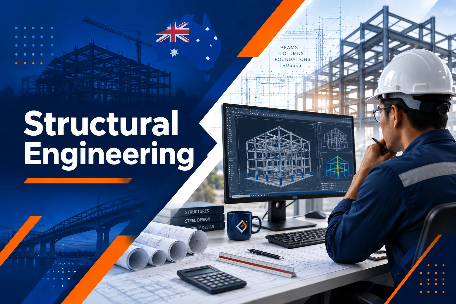 Structural engineer reviewing building plans and calculations